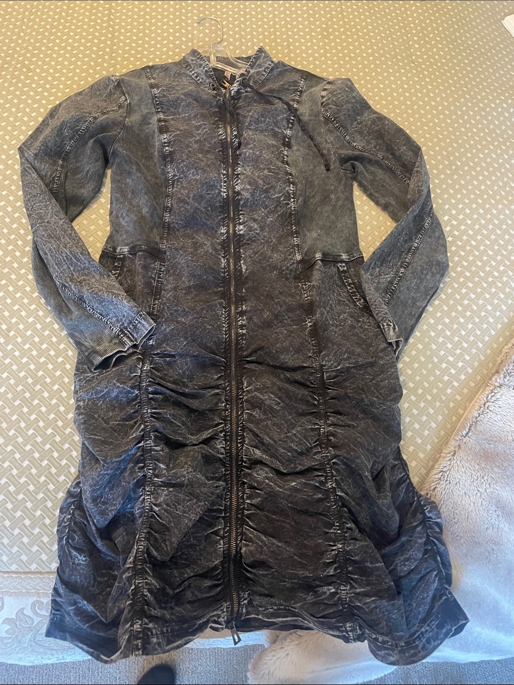 XCVI Washed with Black and touch of blue Long Trench Coat with Front Zip